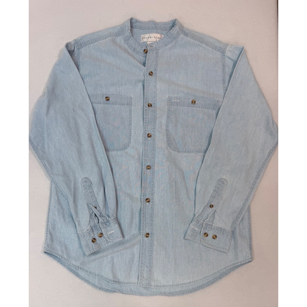 Anchor Blue Mens Small Light Wash Denim Band Collar Button Down Shirt Cotton
